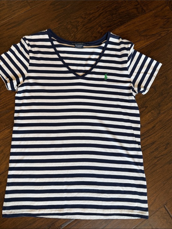 Ralph Lauren Tops - Ralph Lauren Sport Navy and White Striped V-Neck Tee